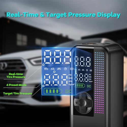 Tire Inflator Portable Air Compressor, 150 PSI Cordless Air Pump, Dual Power 6000mAh, 12V DC Car Plug, Fast Inflation 24L/Min, Auto Shut-Off, LED Light, 4 Preset Modes for Car, Bike, Motorcycle, Balls - Image 6