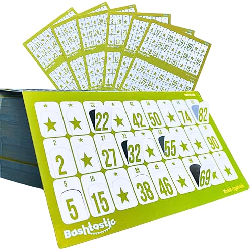 Bashtastic 504 Cartones Bingo Troquelados - Cartones Bingo para Bingo Juego de Mesa Adulto, Bingo Cartones 90 Bolas, Reutilizables y Distintos Entre sí (Amarillo, 504 Cartones)