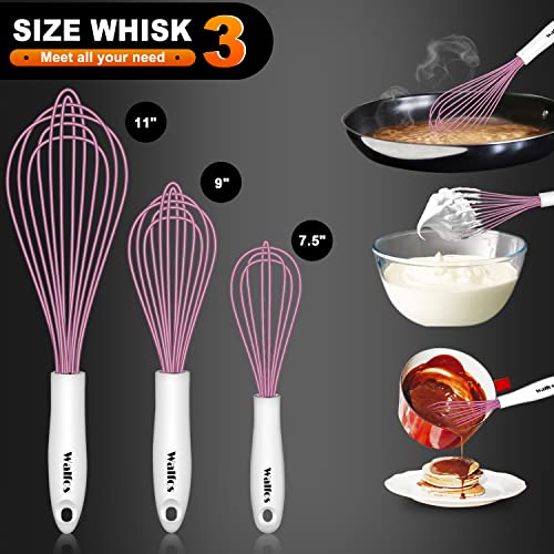 Image of Walfos Whisk, Silicone Whisks for Cooking & Baking Non Scratch Rubber Coated Pink Whisk for Non-stick, Perfect for Frothing, Blending, Beating and Whisking (3pack Pink)