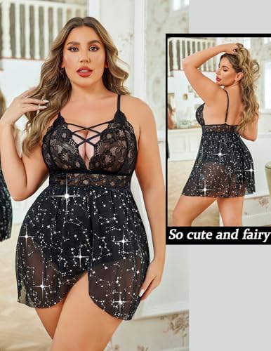 Image of Avidlove Plus Size Babydoll Womens Snap Crotch Lingerie V Neck Lace Nighty Sleepwear L-5XL