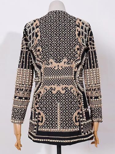 Elegant Pearl Beaded Blazer Dress for Women Loose Fit Deep V Neck Long Sleeve Female Fashion Jacket Wedding Prom Party2