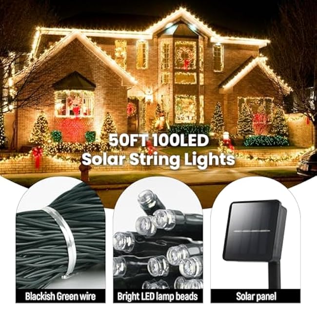 Solar String Lights Outdoor Waterproof: 50ft 100LED Solar String Lights Outdoor - Solar Powered Twinkle Fairy Tree Light with 8 Lighting Mode for Patio, Garden,Courtyards,Trees(Warm White)