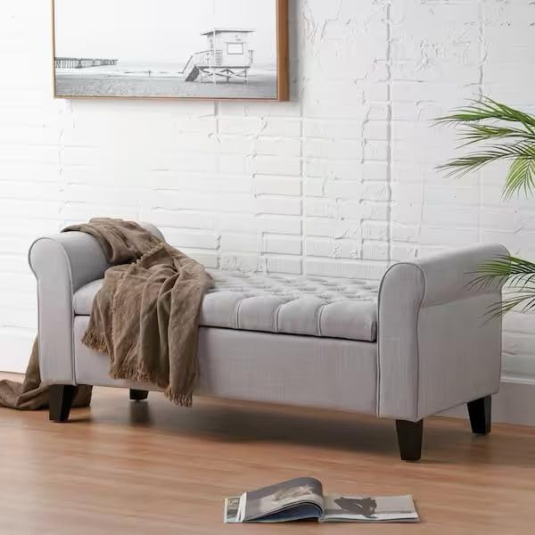 Image of Storage Ottoman Bench with Armrest | Upholstered Tufted Sofa Bench with Hidden Storage | Bedroom Living Room Entryway Seating | Modern Lounge Bench Footrest Seat with Lift Top | Silver Fabric