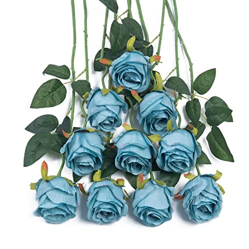 DuHouse 10pcs Artificial Silk Roses Flowers Single Long Stem Fake Rose Bouquet for Wedding Home Party Decoration Centerpieces(Blue)