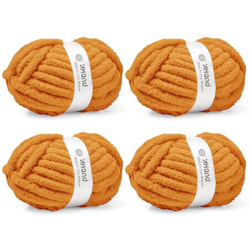 Image of Inhand Orange YellowChunky Chenille Yarn for Hand Knitting,Thick Bulky Fall Decor Blanket Yarn for Crocheting,Soft Fluffy Yarn for Autumn Crochet Gifts for Women /Beginners,4 Pack(29.5Yds /8.4oz Each)