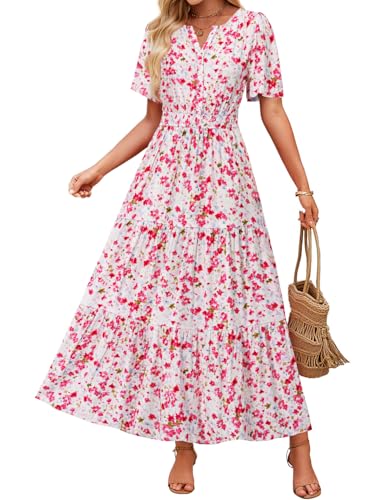 Image of ZESICA Women's 2026 Summer Spring Floral Boho Maxi Dresses Casual Short Sleeve V Neck A Line Flowy Beach Vacation Dress