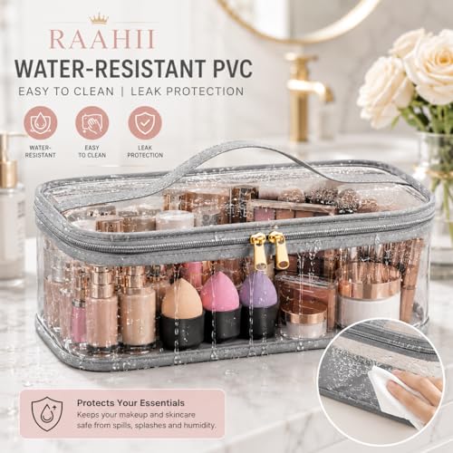 Image of RAAHII 2 Piece Transparent Makeup Organizer Bag for Women | Waterproof PVC Cosmetic Travel Pouch | Vanity & Toiletry Storage for Makeup, Skincare, Brushes & Accessories | Clear Organizer Case
