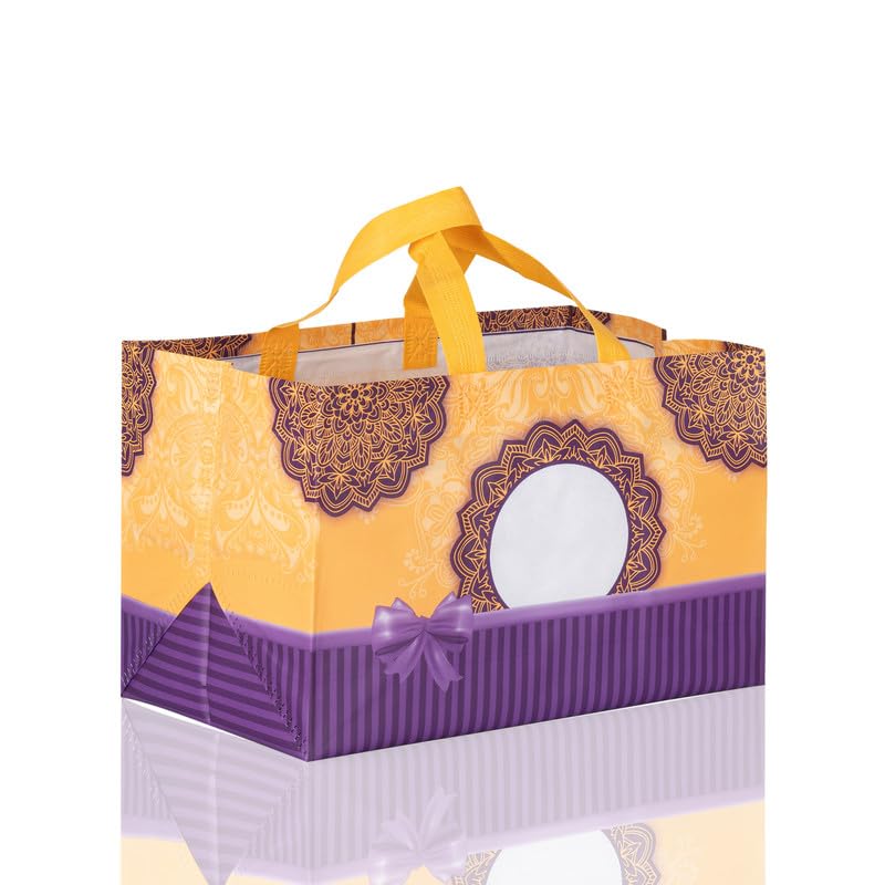 Drapme Pack of 10 Pcs 1 Kg Mithai Box Gift Bag, Matt Finish Non-Woven Laminated Fabric, Reusable & Eco-Friendly (1 Kg Mithai Mandala Purple, 13x8x8)