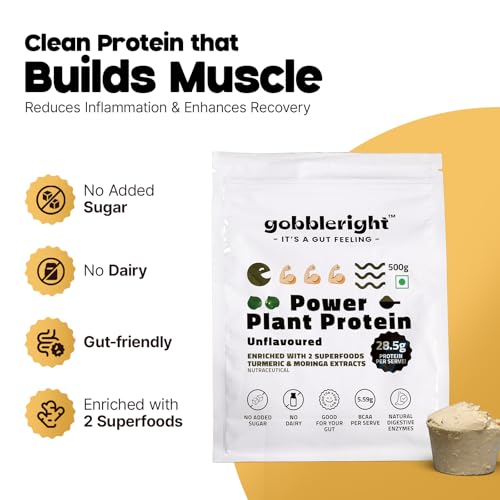 Image of GOBBLERIGHT Power Plant Protein Powder Unflavoured 500g | No Added Sugar | Isolate & Concentrate Pea Rice Protein with Turmeric & Moringa | 5.59g BCAA | No Bloat & Gut Friendly | Vegan & Dairy Free