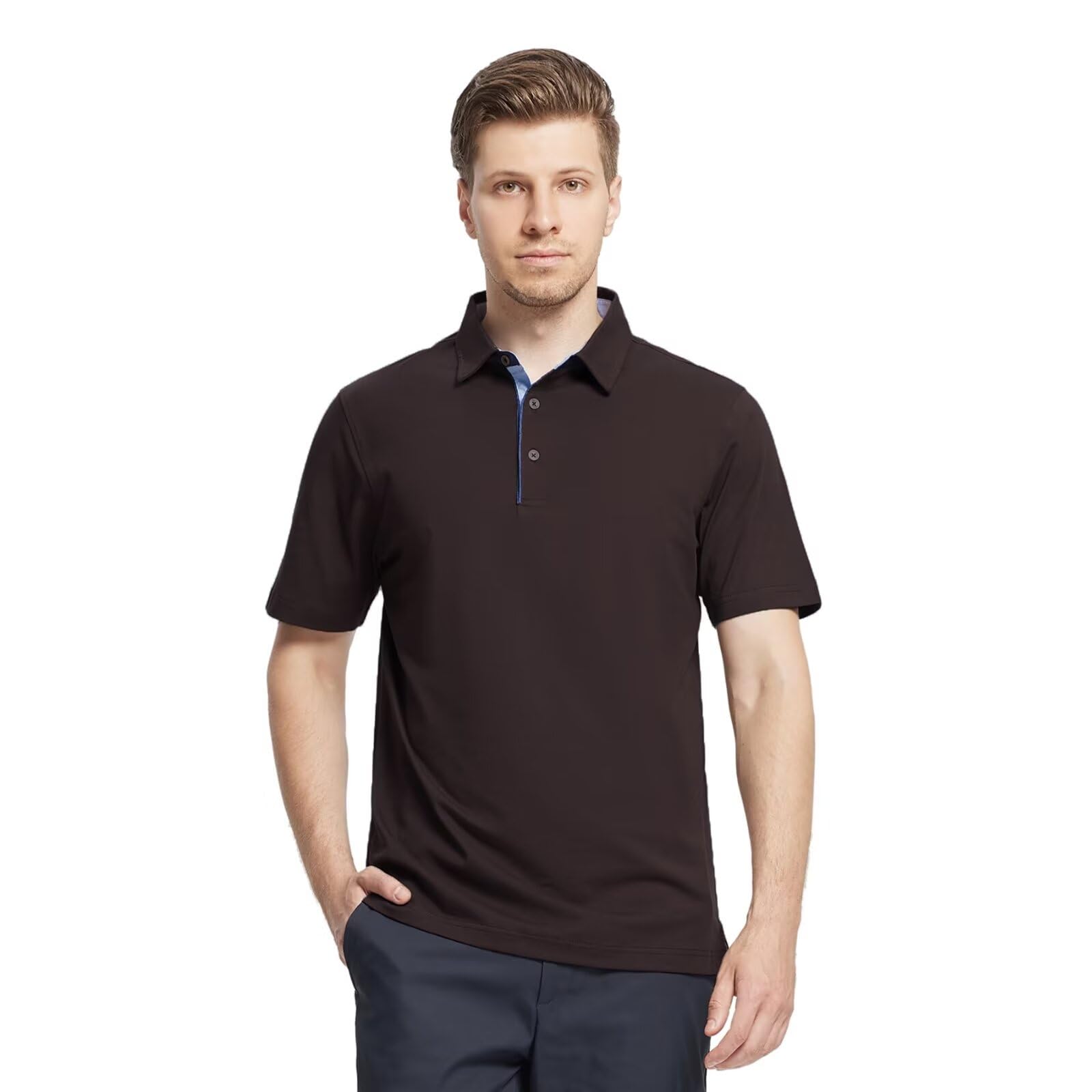 Polo Casual para Hombre, Manga Corta, Mezcla de algodón Mercerizado, Transpirable, Ajuste clásico, Polo de Negocios, Marrón Oscuro, Small