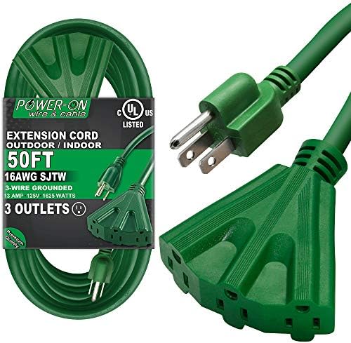 Kasonic 50 Ft Extension Cord with 3 Outlets, UL Listed 16/3 SJTW 3-Wire Grounded, 13A 125V 1625W for Indoor/Outdoor Use - Green