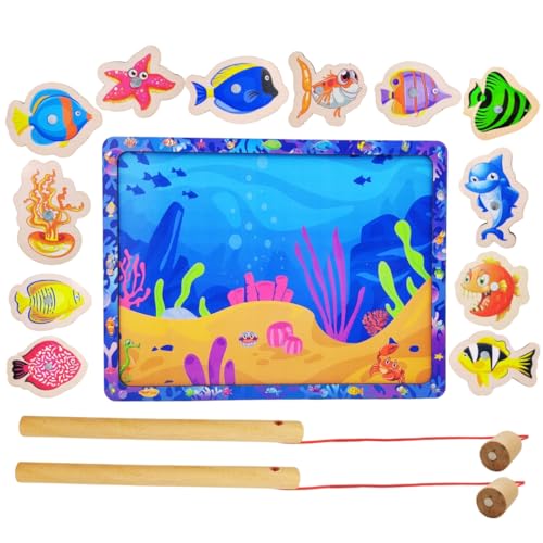 Image of PLUSPOINT 15 Pieces Wooden Magnetic Fishing Game for Kids 12 Fishes 2 Stick 1 Pool Tray Magnet Fish Game Wooden Magnetic Fishing Toys for Kindergarten Preschool Kids Girl Boy (Fish Tray)