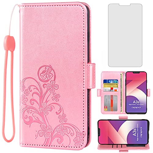 Asuwish Compatible with Oppo A3s/AX5/A5 2018 Wallet Case and Tempered Glass Screen Protector Flip Purse Accessories Wrist Strap Credit Card Holder Stand Cell Phone Cover for A12e/Realme C1 Rose Gold