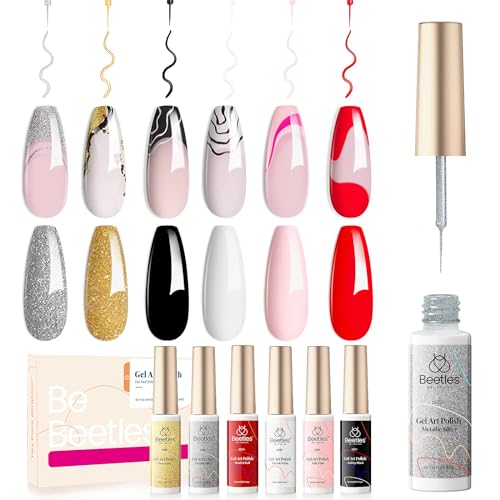 Gelab cosmetics LLC Beetles French Tip Gel Liner Nail Polish Set- 20 Colors Nail Art Polish Brown Glitter Pink Blue White Red Purple Swirl Gel Nails Polish Nails Art Painted Build in Thin Brush Manicure 5mL