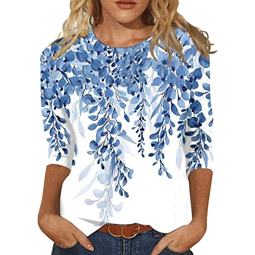 HTHLVMD Womens 3/4 Length Sleeve Tops 2025 Fall Fashion Floral Print Crewneck Causal Trendy Tunic Tops for Women