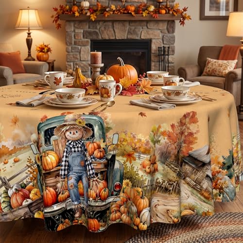 JNDJE Fall Tablecloth 60Inch Round, Fall Harvest Decorations for Home Table Cloth, Truck Scarecrow Pumpkin Decor Washable Seasonal Autumn Thanksgiving Tablecloths Polyester for Picnic Party Dinner