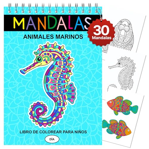 Finoly Mandalas para Colorear Niños y Niñas Reduce el Estrés | Mandalas para Colorear Animales del Mar | Libros de Mandalas para Colorear A4 | Libros de Mandalas para Niños No Traspasa la Tinta