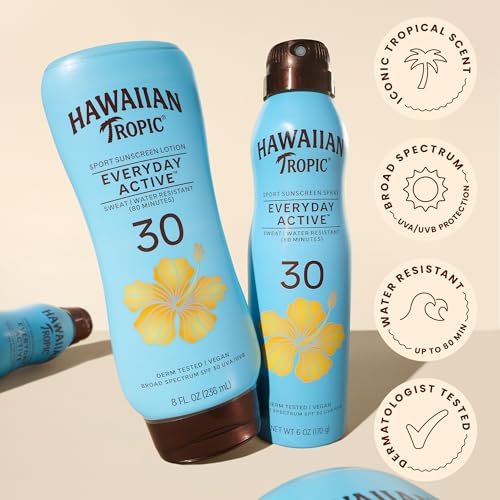 Image of Hawaiian Tropic Everyday Active SPF 30 Sunscreen Spray, 6 Oz (2 Pack) | Sport sunscreen, Sweat and water resistant, Easy spray application, Clear sunblock, UVA /UVB broad spectrum protection