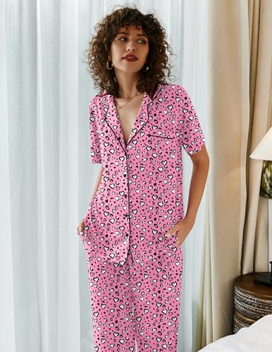 Image of Ekouaer Womens Pajamas Set Short Sleeve Button Down Top & Pants Lounge Pjs | Soft Sleepwear with long pants, ideal for Home relaxation, Wedding, Party, Daily Wear & Breastfeeding
