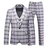 MOGU Mens Plaid 3 Piece Suit Slim Fit Tuxedo Suit Set Formal Dress for Prom Bussiness Wedding Groom Jacket 44/ Pants 40 Purple Grey