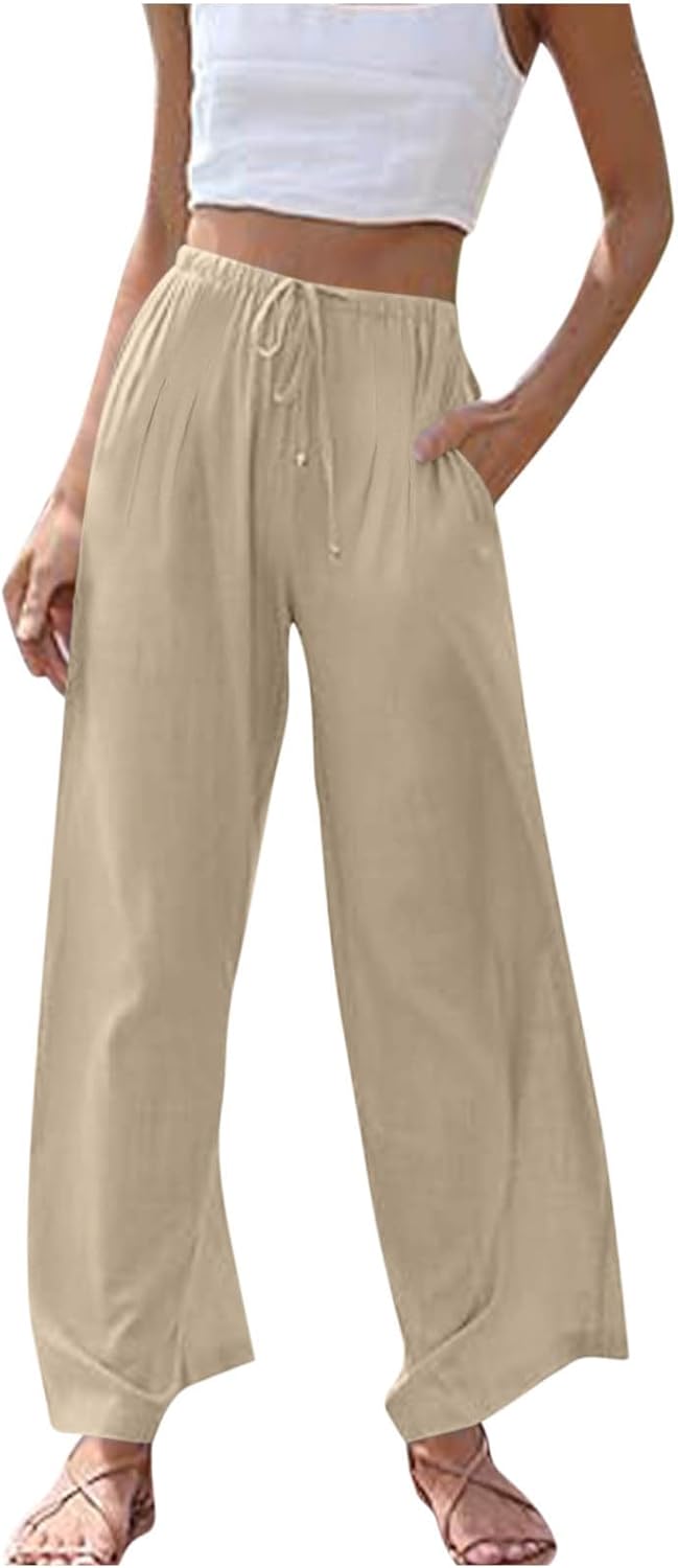 YRAETENM Wide Leg Linen Pants for Women Summer Flowy High Waisted Beach Palazzo Trousers Casual Lounge Pants with Pockets