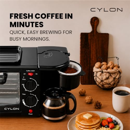 Image of CYLON OvenPrime 3-in-1 Breakfast Maker | 10L Oven Toaster Griller with Coffee Maker & Non-Stick Frying Pan | Adjustable Temperature & Timer | Bake, Grill, Toast & Brew | Black