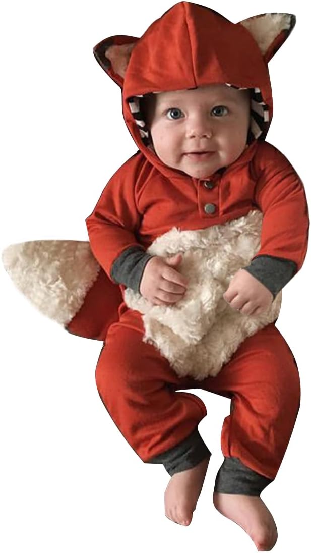 XFGLCK Newborn Infant Baby Girls Boys Halloween Outfit Cartoon Fur Fox Hoodie Romper with Tail