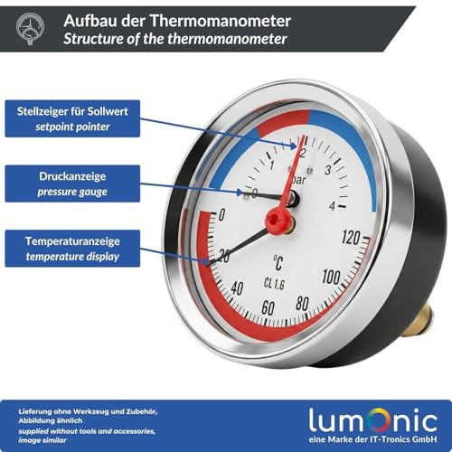 Lumonic Thermomanometer 4bar 0-120°C | 1/4 + 1/2 Zoll (Adapter) | Anschluss hinten | Ø 80mm, große Skala | Heizung Manometer | Metallgehäuse