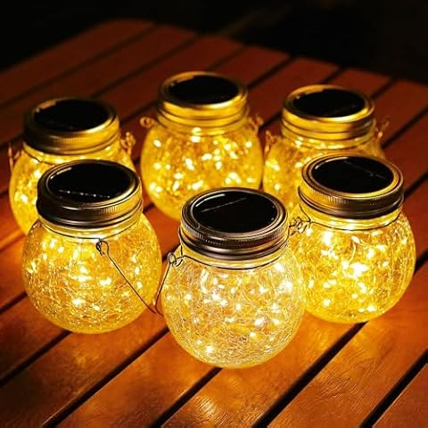 Cooo 6 Pack Solar Lanterns Outdoor Waterproof Hanging Crack Glass Lanterns 30 LED Fairy Lights Garden Patio Porch Yard Backyard Balcony Lawn Tree Deck Table Decor Mason Aluminum lid - Medium Lantern Cover