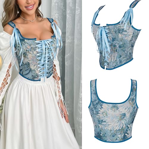 Image of Women-Renaissance-Floral-Corset-Bustier Vintage-Gothic-Camisole-Shapewear | Retro overbust corset bustier top,lace-up adjustable fit,for daily,cosplay, Halloween and themed costume