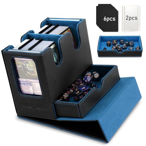 TiMOVO MTG Deck Box, MTG Commander Card Deck Box with Commander Display & Dice Tray Fits 400+ Unsleeved Cards, Leather Magnetic Card Storage Case with 6 Dividers for TCG CCG Magic Cards, Black+Blue