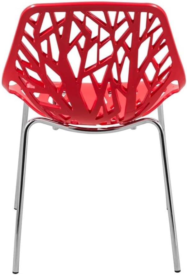 LeisureMod Forest Modern Dining Chair Set of 4 Red, Cut-Out Solid Back, Durable Polypropylene Seat with Chromed Legs, Stackable Contemporary Kitchen and Dining Room Chairs
