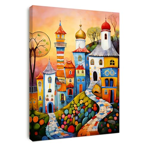 Alptiny Cuadro con marco de 30 x 40 cm, diseño de casas coloridas, impresión en lienzo para salón, dormitorio y oficina, decoración moderna de pared con cinta de
