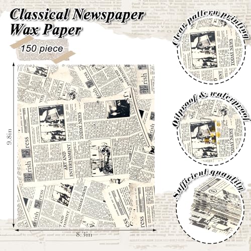 150 Sheets Newspaper Food Wax Paper, 9.8x8.3in Newspaper Print Grease Proof Deli Sandwich Wrap Food Grease Resistant Paper for Home Kitchen (Yellow)