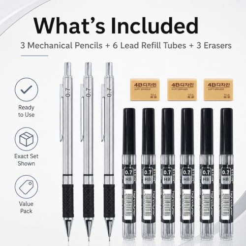 Mechanical Pencil Set, 3 Pcs Full Metal Mechanical Pencil with 72 HB Lead Refills and 3 Erasers, Anti-Slip Ergonomic Grip Drafting Pencil Kit for Students Artists Engineers Architects and Designers - Image 4
