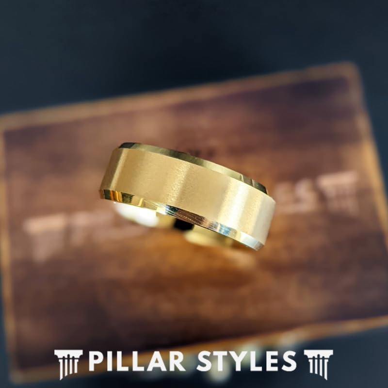 Yellow Gold Wedding Band Mens Ring 8mm Tungsten Rings for Mens Wedding Band 14K Gold Ring with Beveled Edges Unique Golden Gifts for Him