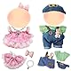 2 Sets Süße Original Kleidung für 17 cm Plüsch Puppen, Rosa Karierter Gazerock+Haarnadel+Perlenkette, Grün Gestreiftes Hemd+Kaninchen-Overall+Sonnenhut, 6 Stück Puppenkleidung Zubehör, Geschenk Kinder