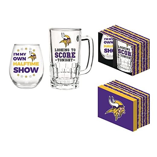 Team Sports America NFL Minnesota Vikings, Stemless 17 OZ Wine Glass & Beer Mug 16 OZ Gift Set with Box | Keeps Drinks Cold | Officially Licensed