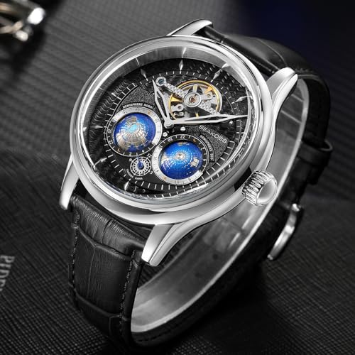 Image of SEAKOSS Luxury Automatic Mechanical Watch for Men, 47mm Skeleton Dress Watch with Dual Hemisphere Dial, Self Winding Movement, Genuine Leather Strap, 5ATM Waterproof