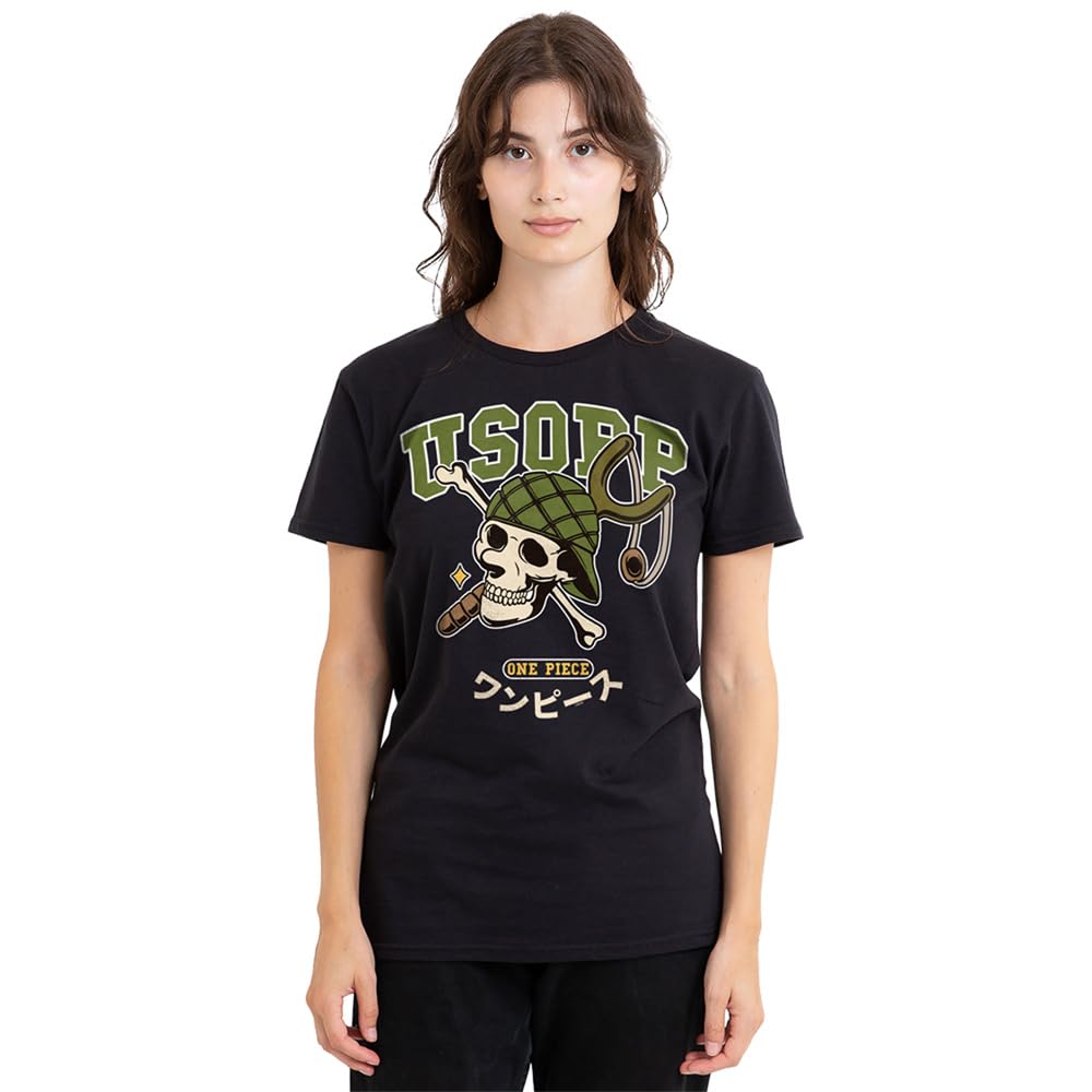 One Piece Usopp Collegic Skull Ladies T Shirt, Black, XX-Large