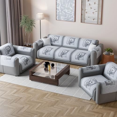 Image of Kuber Industries 5 Seater Sofa with Arm Cover | Velvet Slipcover for Living Room | Thick & Cozy | Non-Slip Comfort Sofa Cover Set | Pyramid Flower 560 - Grey & White