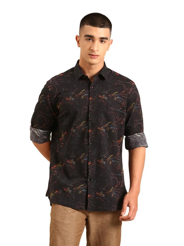 Image of Cavallo by Linen Club Men's Blended Linen Red Printed Contemporary Fit Full Sleeve Casual Shirt
