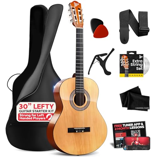 Pyle Left Handed Beginner Acoustic Guitar Kit, 1/4 Junior Size All Wood Build Nylon Stringed Instrument with Capo, Strap, Extra String Set, Gig Bag, Guitars for Beginners Adults Youth, 30" Natural