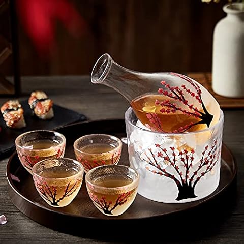 DUJUST Japanese Sake Set for 4, Handcraft Pink Cherry Blossoms Design, 1 Sake Bottle, 1 Sake Tank and 4 Sake Cups, Cold/Warm/Hot Sake Carafe, Special Japanese Gifts Set - 6 pcs Cover