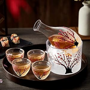 DUJUST Japanse sake-set voor 4, handgemaakt Pink Cherry Blossoms design, 1 sake-fles, 1 sake-houder en 4 sake-bekers, Sake-karaf koud/warm/warm, speciale Japanse cadeauset – 6 stuks