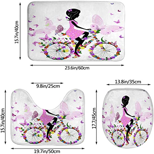 Badezimmerteppich-Set, 3-teilig, Mädchen auf einem Fahrrad mit romantischen Schmetterlingen, waschbare Badeteppiche, rutschfest, mit Rückenpolster, Konturteppich und Toilettendeckelbezug – Bild 3