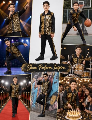 Image of BookMyCostume Western Dance Costume for Boys - Black & Golden Sequin Collared Shirt & Pants Set | Annual Day Dance Dresses & Fancy Dress for Stage Shows & Performances | 10-12 Years