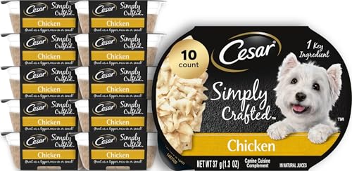 Image of Cesar Simply Crafted Wet Dog Food Toppers, Chicken, 1.3 oz, 10 Count | Real chicken #1 ingredient, no by-products or artificial flavors, slow-cooked, easy to digest, single-serve tubs