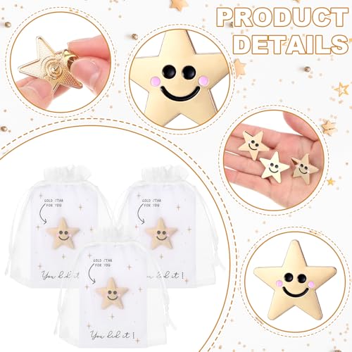 Image of Yinkin 30 Sets Golden Star Pins Bulk, Back to School Gift for Student Smile Star Pins with Greeting Cards for Reward Student Teacher Office Coworker Staff