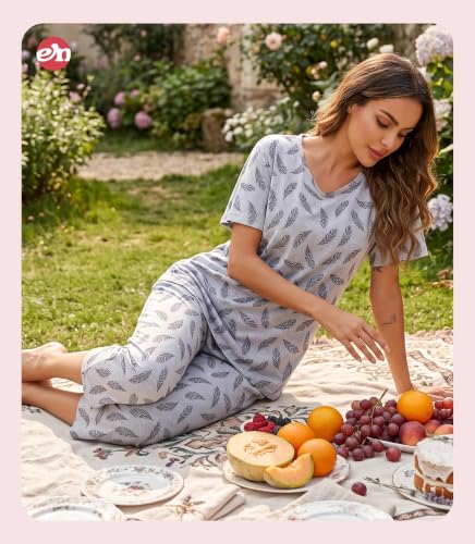 Image of ENJOYNIGHT Womens Pajama Sets Cotton Pj Set Short Sleeve Top With Capri Pants Sleepwear 2 Piece Lounge Set